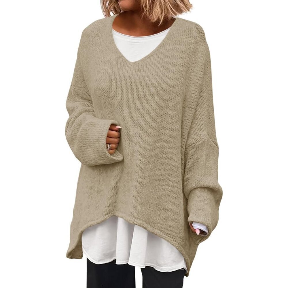 Womens Oversized V Neck Sweater Batwing Long Sleeve Knit Casual Fall